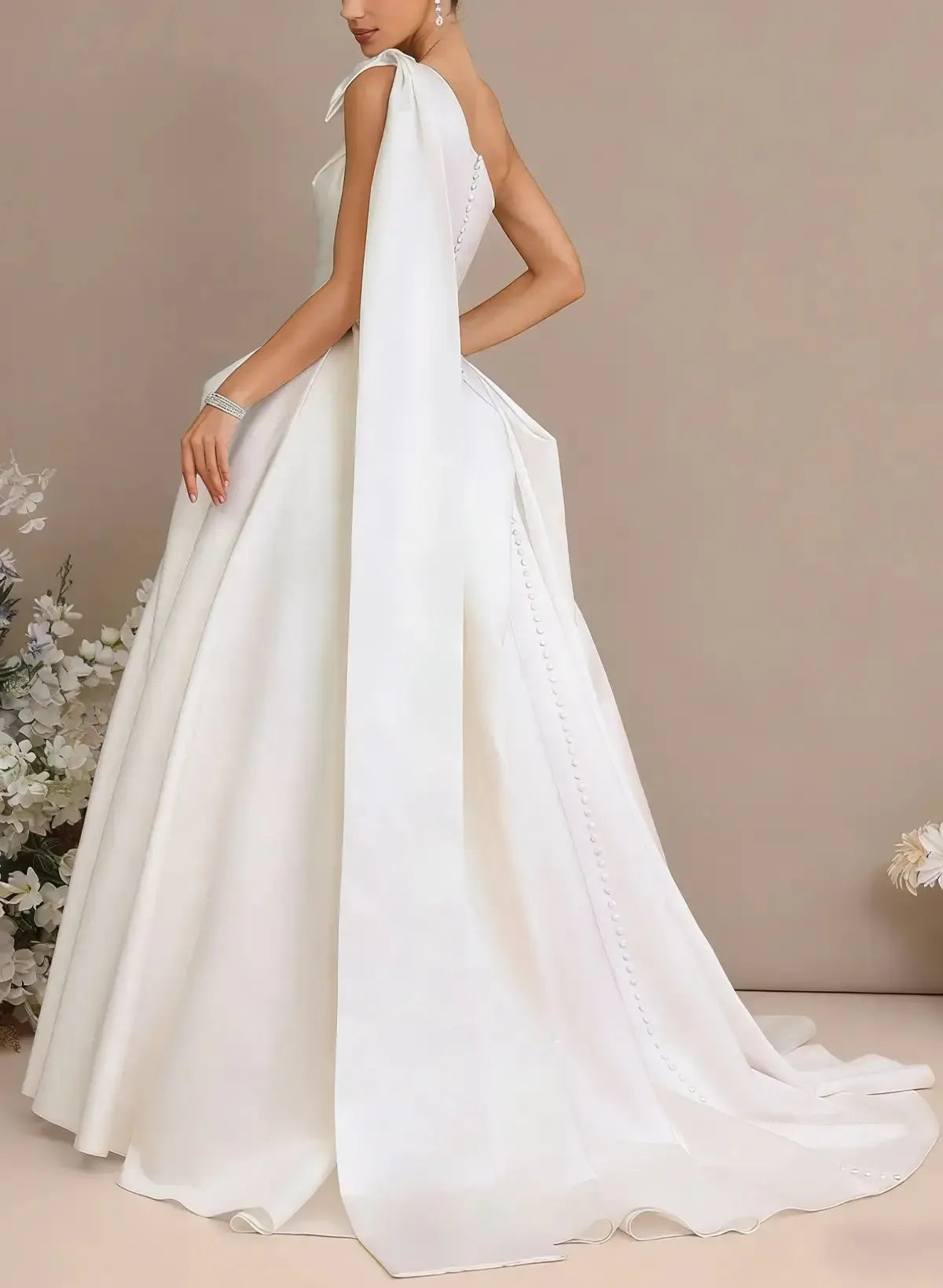 Ball Gown One Shoulder Sleeveless Chapel Train Satin Wedding Dress with Bow