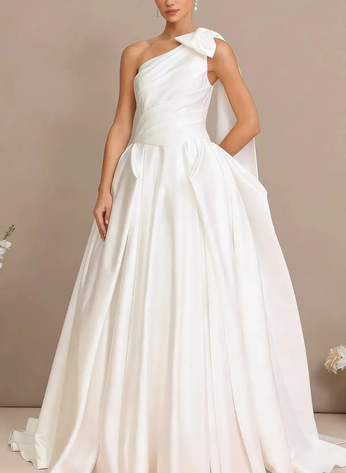 Ball Gown One Shoulder Sleeveless Chapel Train Satin Wedding Dress with Bow