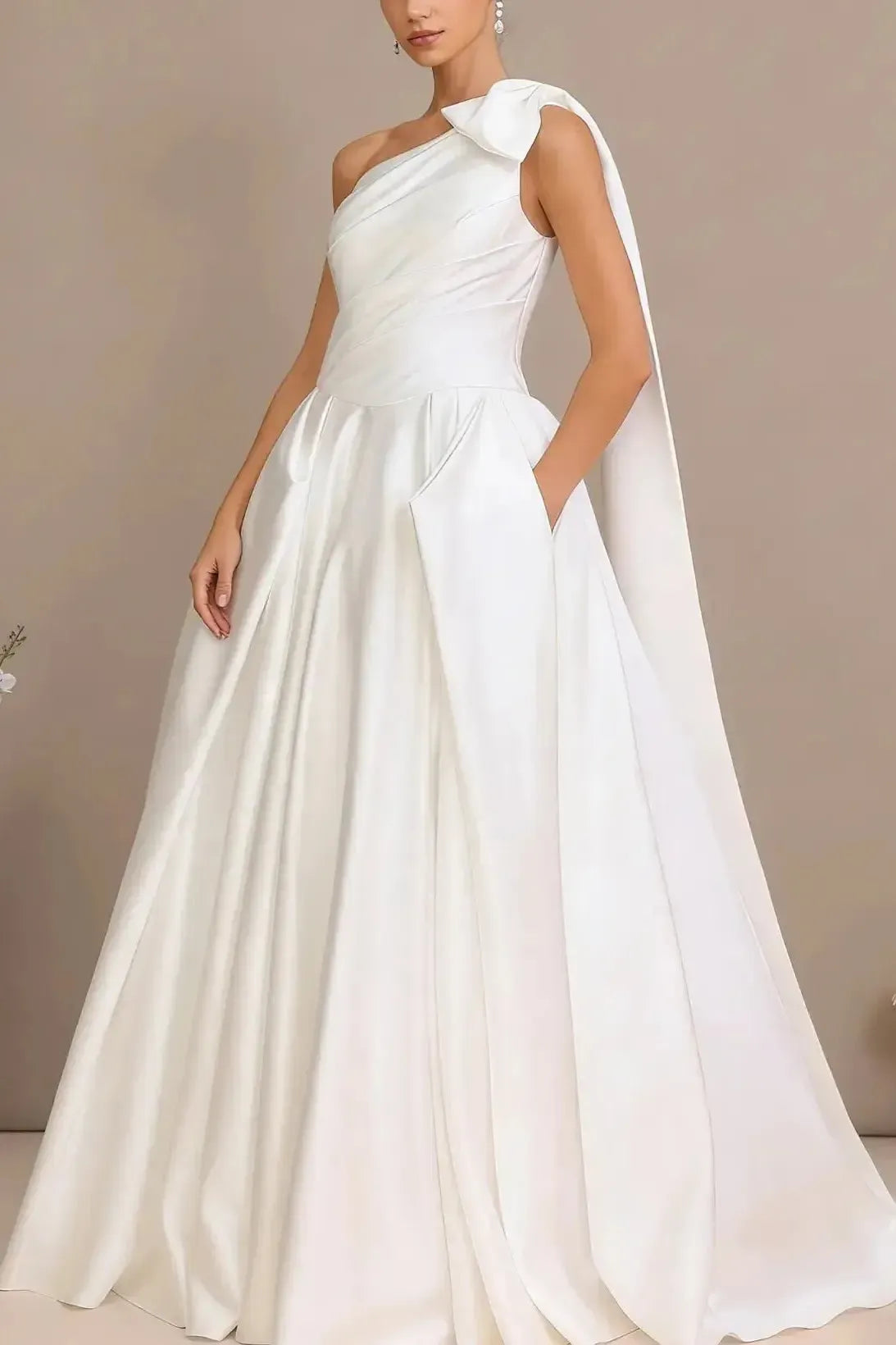 Ball Gown One Shoulder Sleeveless Chapel Train Satin Wedding Dress with Bow