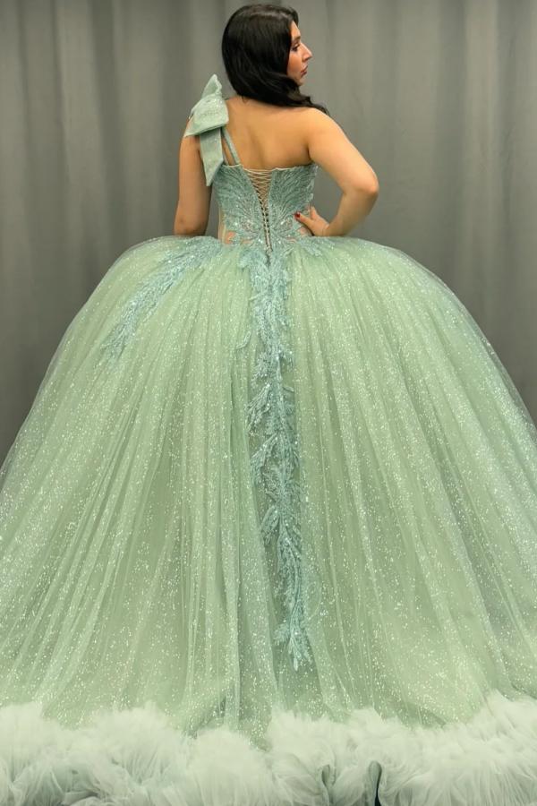 Ball Gown One Shoulder Sleeveless Sequins Beaded Illsion Appliques Pleated Mint Green Tulle Quinceanera Dress Formal Evening Gown For Sweet 16