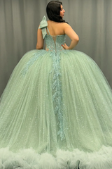 Ball Gown One Shoulder Sleeveless Sequins Beaded Illsion Appliques Pleated Mint Green Tulle Quinceanera Dress Formal Evening Gown For Sweet 16