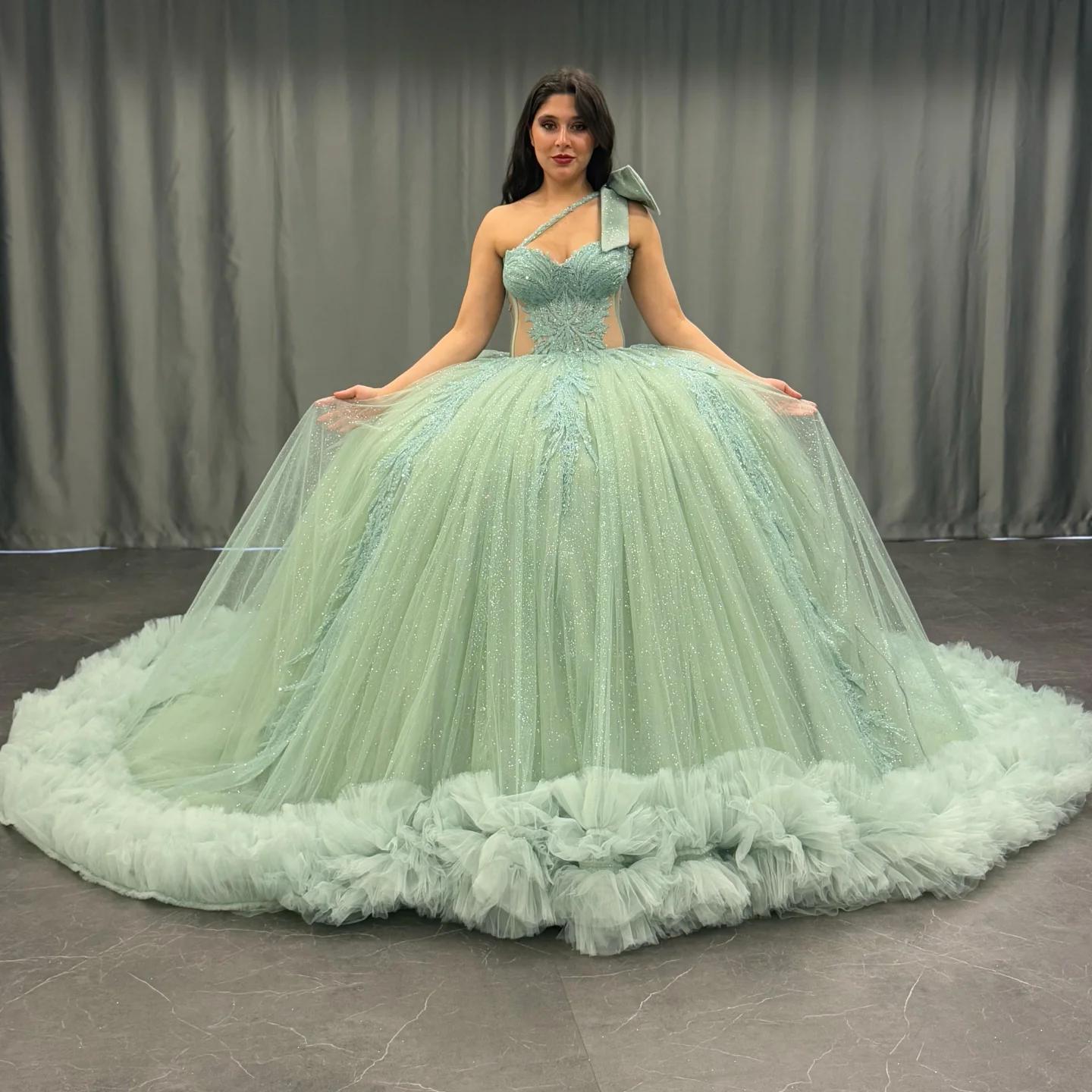 Ball Gown One Shoulder Sleeveless Sequins Beaded Illsion Appliques Pleated Mint Green Tulle Quinceanera Dress Formal Evening Gown For Sweet 16