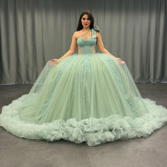 Ball Gown One Shoulder Sleeveless Sequins Beaded Illsion Appliques Pleated Mint Green Tulle Quinceanera Dress Formal Evening Gown For Sweet 16