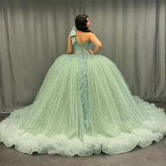 Ball Gown One Shoulder Sleeveless Sequins Beaded Illsion Appliques Pleated Mint Green Tulle Quinceanera Dress Formal Evening Gown For Sweet 16