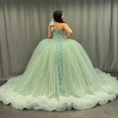 Ball Gown One Shoulder Sleeveless Sequins Beaded Illsion Appliques Pleated Mint Green Tulle Quinceanera Dress Formal Evening Gown For Sweet 16