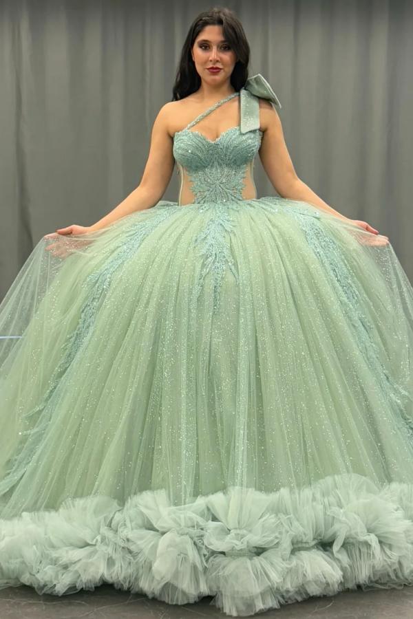 Ball Gown One Shoulder Sleeveless Sequins Beaded Illsion Appliques Pleated Mint Green Tulle Quinceanera Dress Formal Evening Gown For Sweet 16