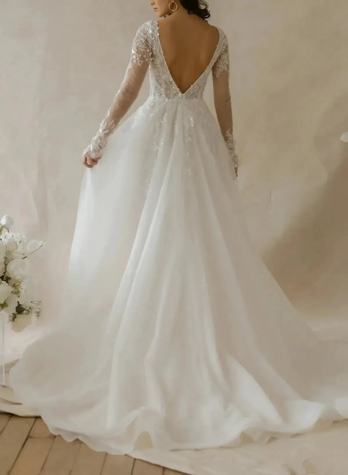 Ball Gown Plunge Neck Long Sleeves Sweep Train Lace Organza Wedding Dress with Beading