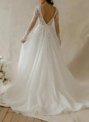 Ball Gown Plunge Neck Long Sleeves Sweep Train Lace Organza Wedding Dress with Beading