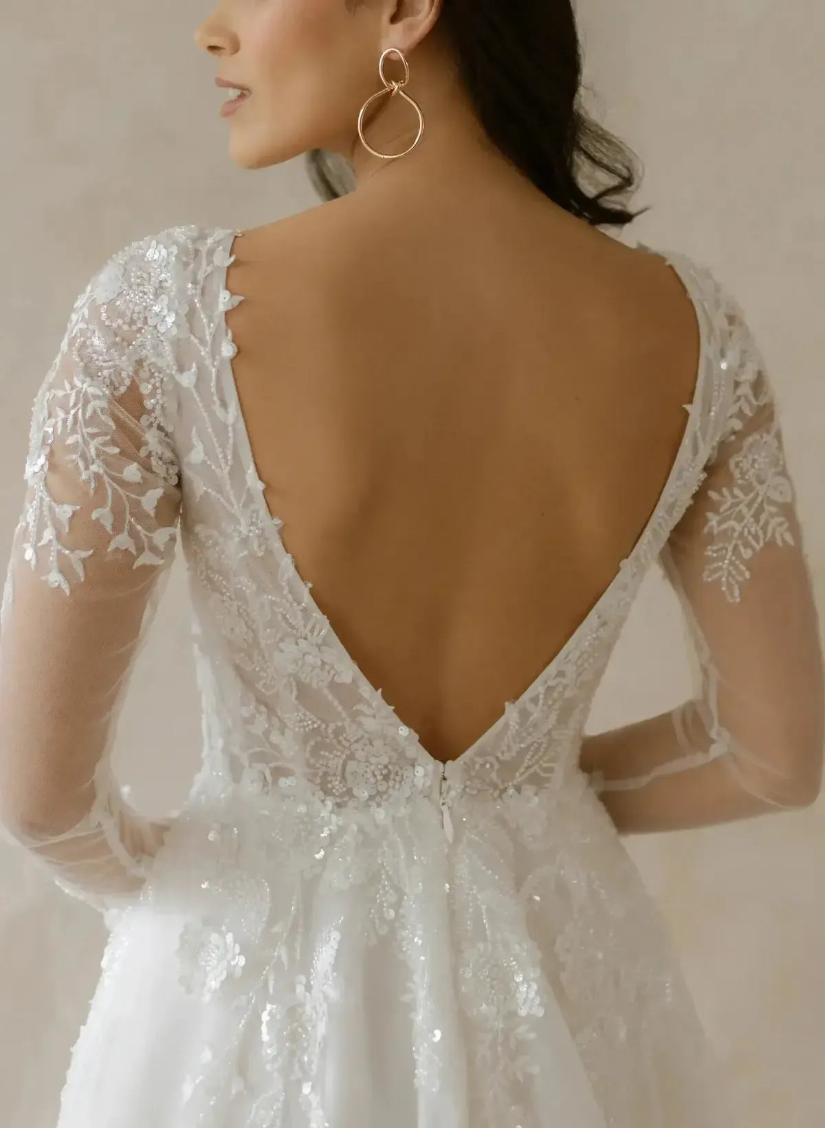 Ball Gown Plunge Neck Long Sleeves Sweep Train Lace Organza Wedding Dress with Beading