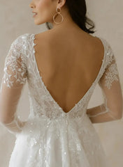 Ball Gown Plunge Neck Long Sleeves Sweep Train Lace Organza Wedding Dress with Beading