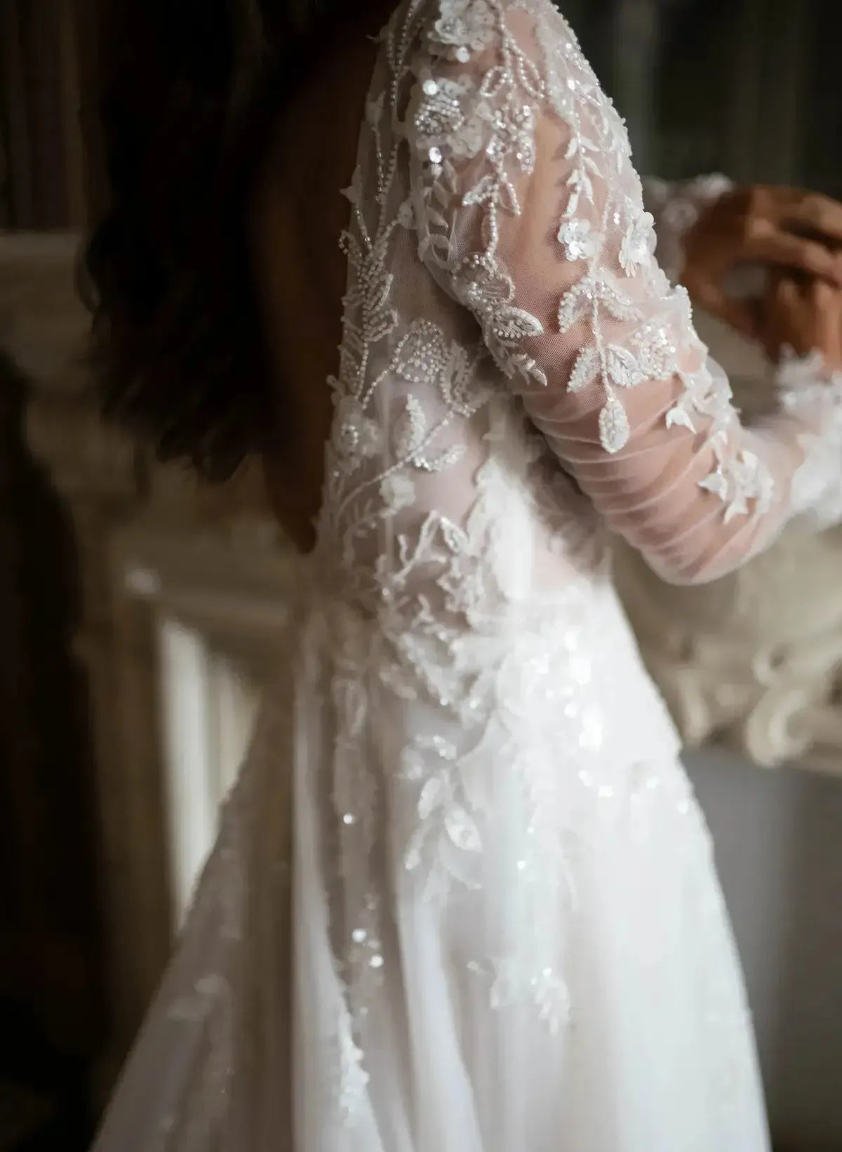 Ball Gown Plunge Neck Long Sleeves Sweep Train Lace Organza Wedding Dress with Beading