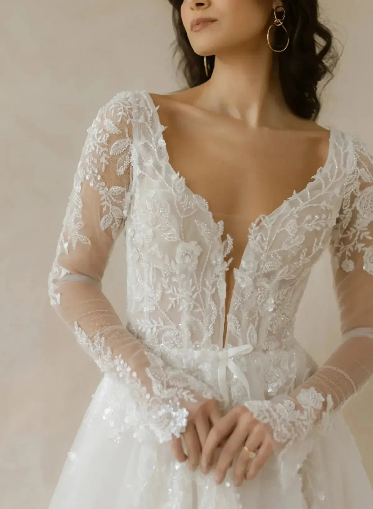 Ball Gown Plunge Neck Long Sleeves Sweep Train Lace Organza Wedding Dress with Beading