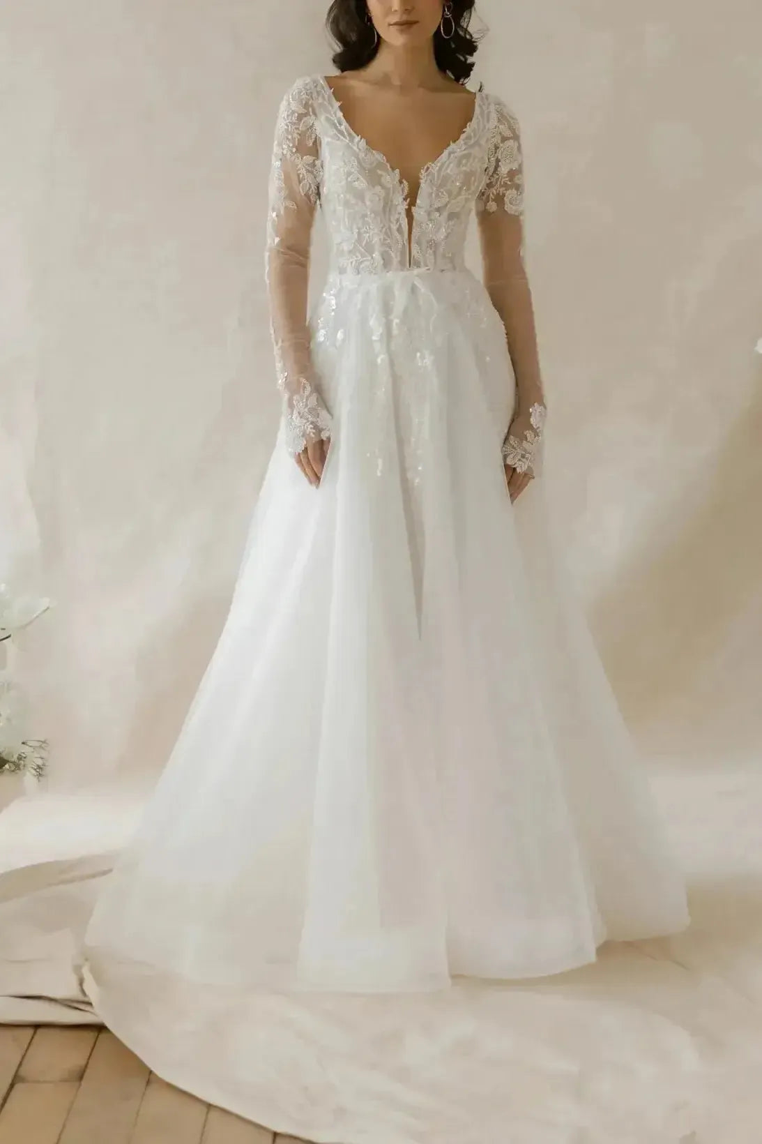 Ball Gown Plunge Neck Long Sleeves Sweep Train Lace Organza Wedding Dress with Beading