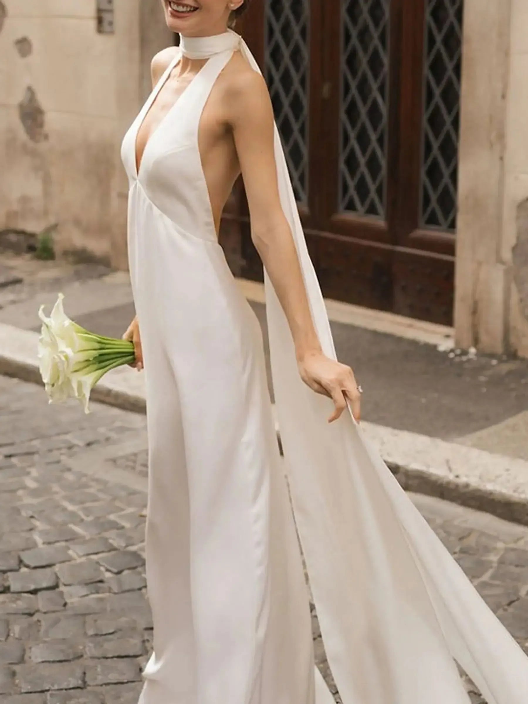 Ball Gown Plunge Neck Sleeveless Chapel Train Crepe Satin Wedding Dress