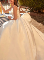 Ball Gown Plunge Neck Sleeveless Court Train Satin Wedding Dress with Bow Pockets and Appliques