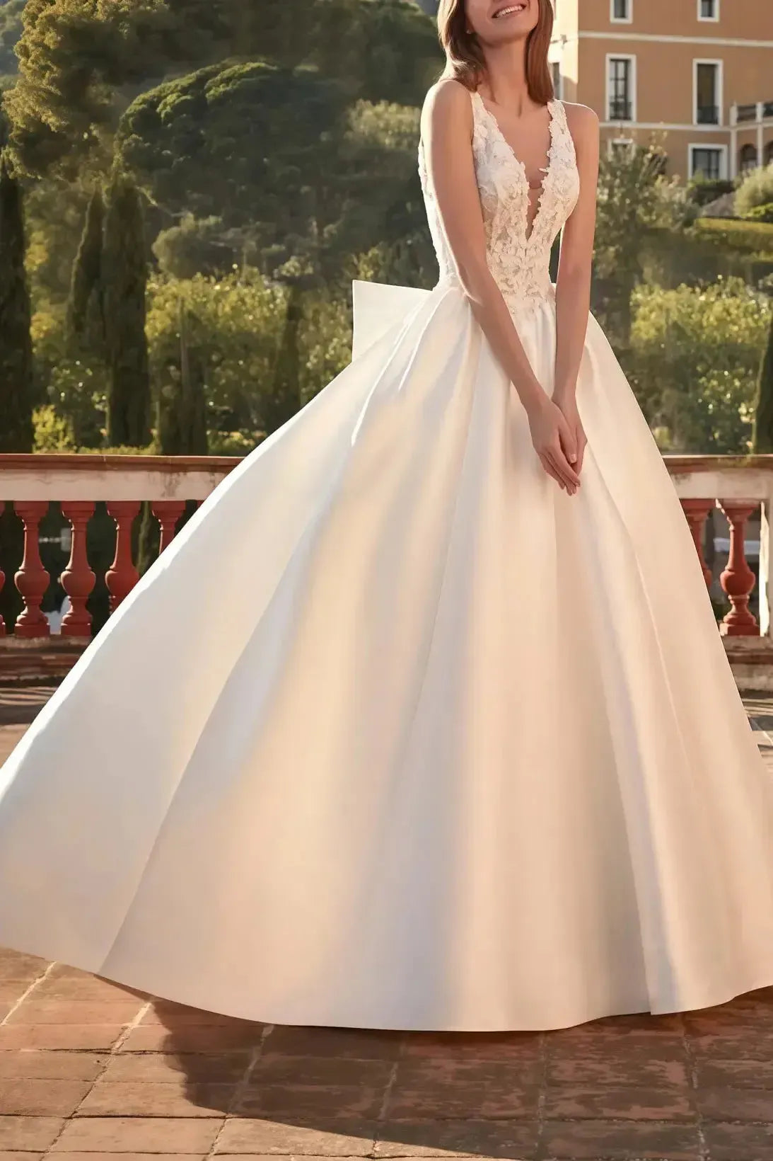 Ball Gown Plunge Neck Sleeveless Court Train Satin Wedding Dress with Bow Pockets and Appliques