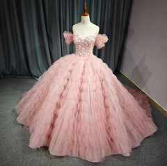 Ball Gown Quinceanera Dress Tulle Pink Off the Shoulder Floral Sweet 16 Dress