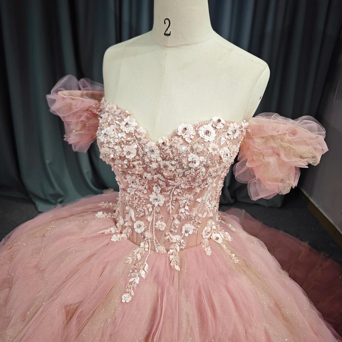 Ball Gown Quinceanera Dress Tulle Pink Off the Shoulder Floral Sweet 16 Dress