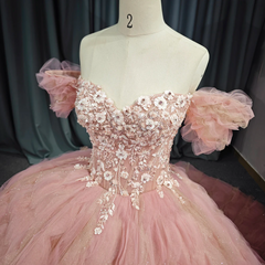 Ball Gown Quinceanera Dress Tulle Pink Off the Shoulder Floral Sweet 16 Dress