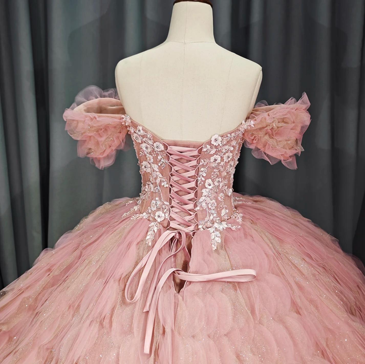 Ball Gown Quinceanera Dress Tulle Pink Off the Shoulder Floral Sweet 16 Dress
