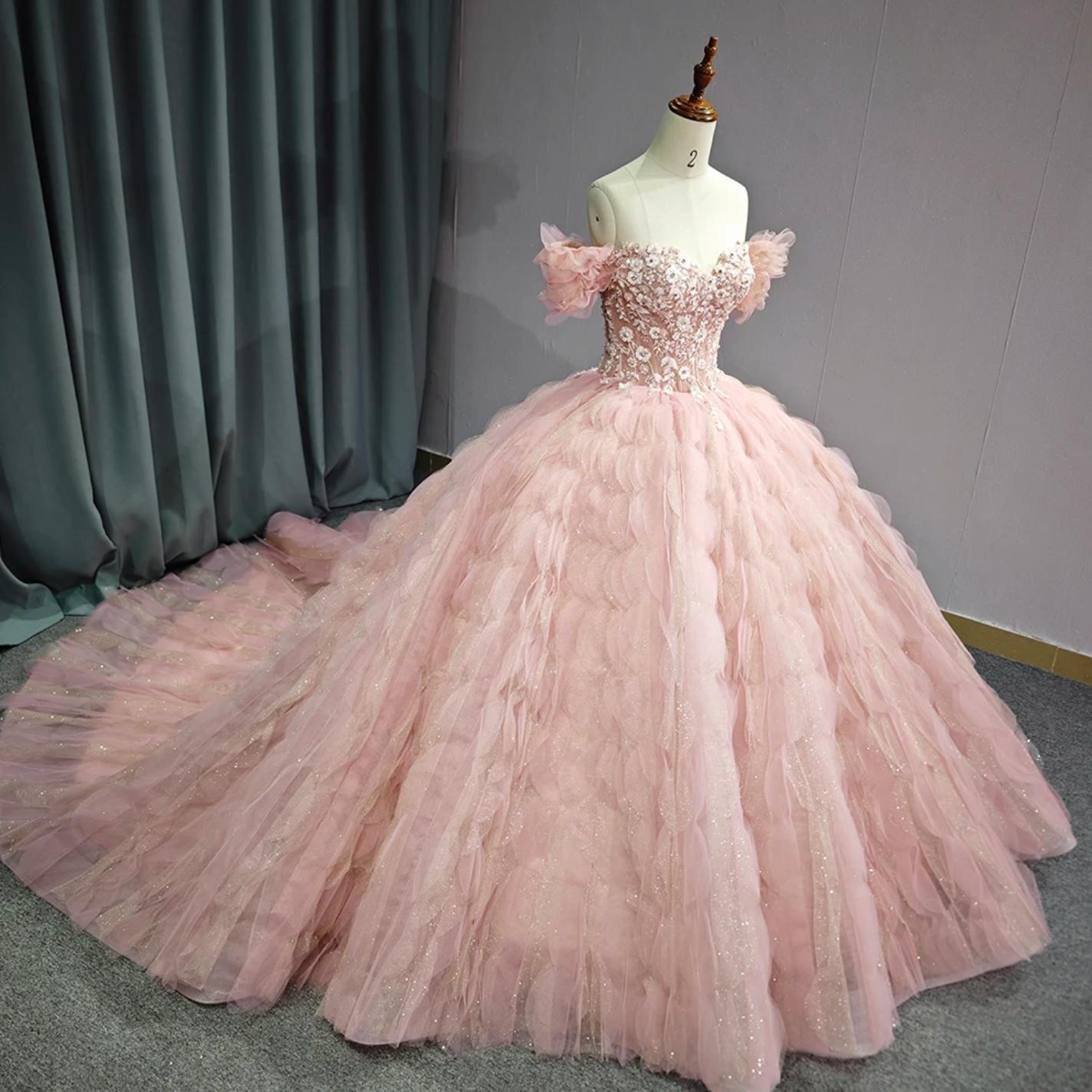 Ball Gown Quinceanera Dress Tulle Pink Off the Shoulder Floral Sweet 16 Dress