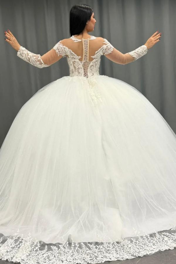 Dreamyannie UK Ball Gown Scoop Neck Long Transparent Sleeves Fully Lace  Appliques Pleated White Tulle Formal Evening Party Dress Quinceanera Dress  Birthday Gown For Sweet 16
