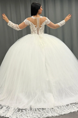 Ball Gown Scoop Neck Long Transparent Sleeves Fully Lace Appliques Pleated White Tulle Formal Evening Party Dress Quinceanera Dress Birthday Gown For Sweet 16