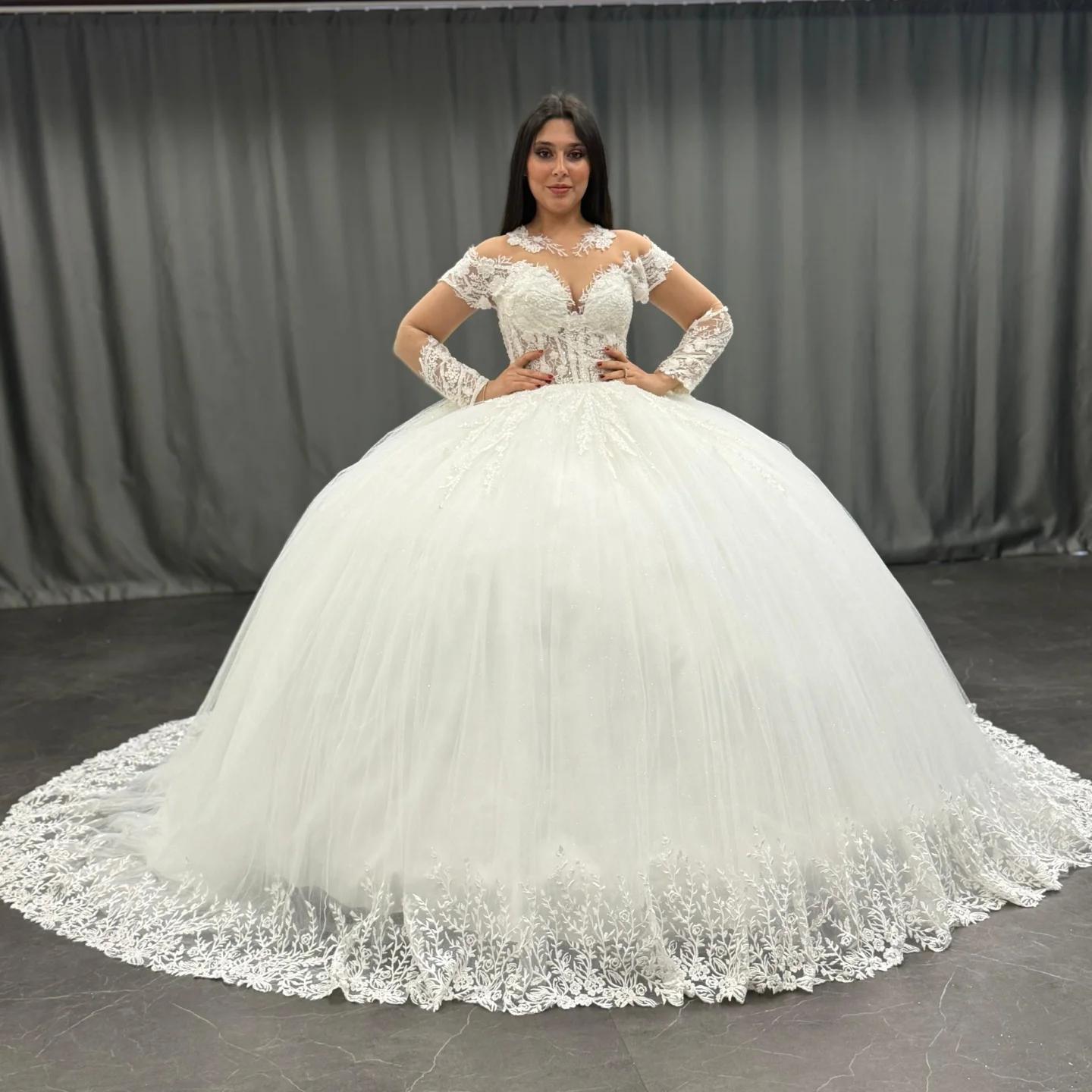 strapless open back dress Dreamyannie UK Ball Gown Scoop Neck Long Transparent Sleeves Fully Lace  Appliques Pleated White Tulle Formal Evening Party Dress Quinceanera Dress  Birthday Gown For Sweet 16