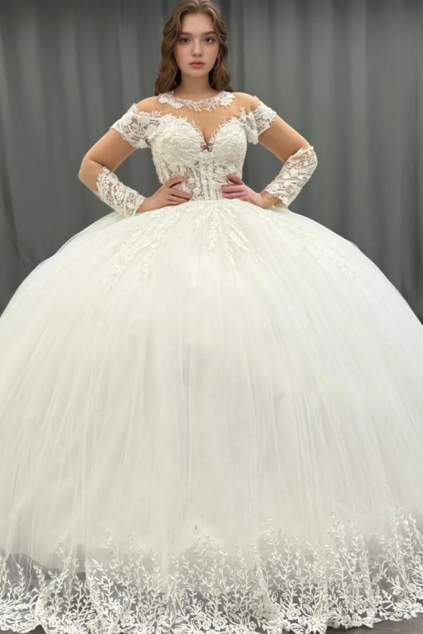 Ball Gown Scoop Neck Long Transparent Sleeves Fully Lace Appliques Pleated White Tulle Formal Evening Party Dress Quinceanera Dress Birthday Gown For Sweet 16