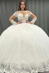 Ball Gown Scoop Neck Long Transparent Sleeves Fully Lace Appliques Pleated White Tulle Formal Evening Party Dress Quinceanera Dress Birthday Gown For Sweet 16