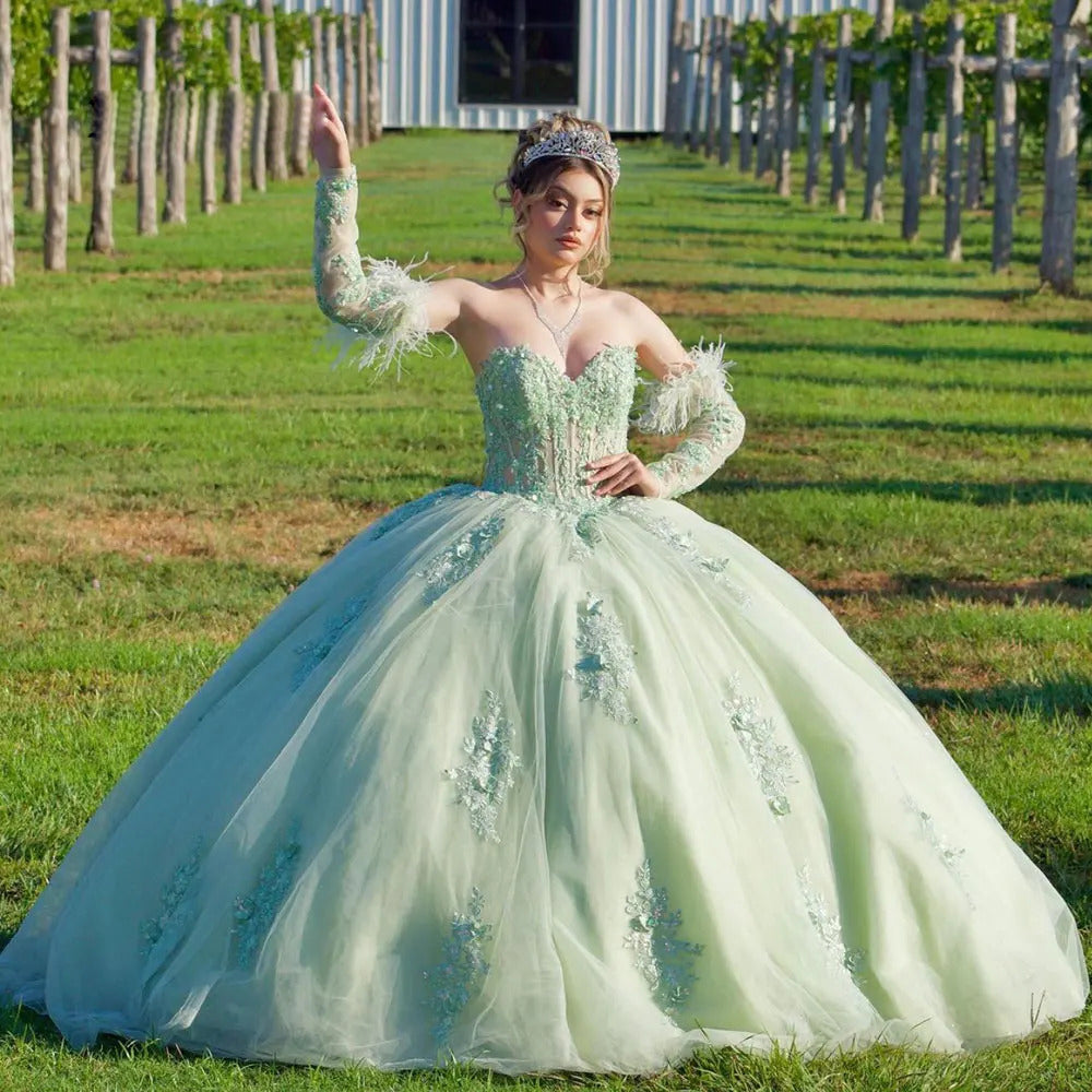 Ball Gown Strapless Detachable Sleeves 3D Flower Lace Appliques Corset Bow Knot Mint Green Tulle Quinceanera Dress For Sweet 16