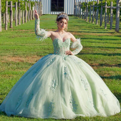 Ball Gown Strapless Detachable Sleeves 3D Flower Lace Appliques Corset Bow Knot Mint Green Tulle Quinceanera Dress For Sweet 16