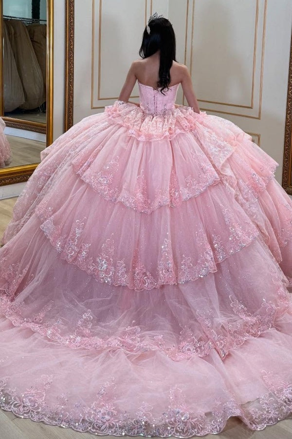 Ball Gown Strapless Sleeveless Beaded Ruffles Sequins Tulle Tiered Sparkly Tulle Quinceanera Dress Birthday Party Dress Evening Formal Gown For Sweet 16