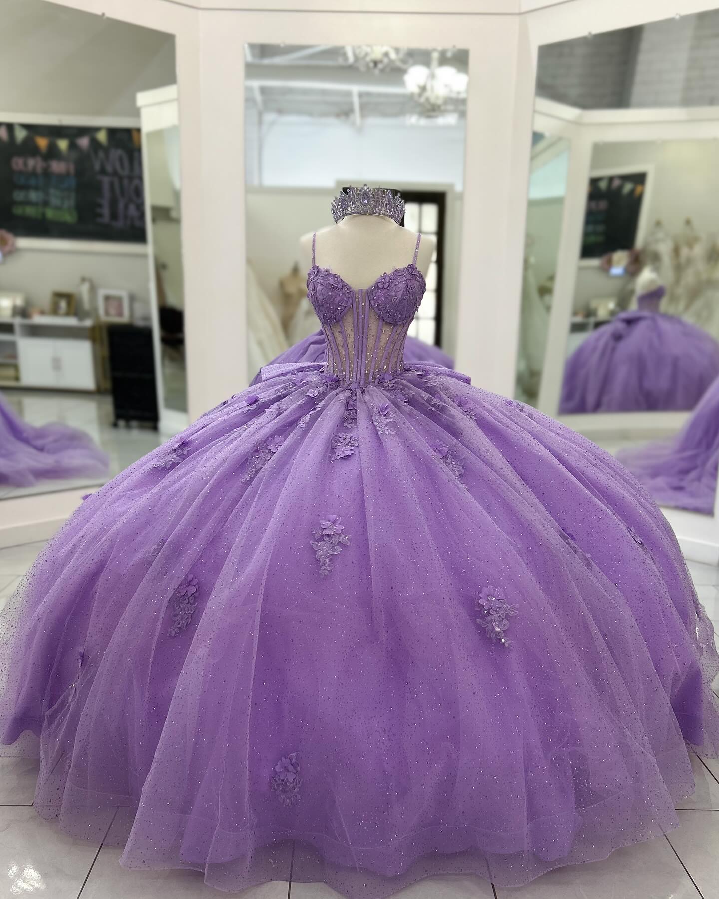 Ball Gown Strapless Spaghetti Straps Sleeveless Beaded 3D Flowers Appliques Pleated Bow Knots Purple Tulle Quinceanera Dress Evening Formal Gown Birthday Party Dress For Sweet 16