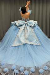 Ball Gown Sweetheart Neck Detachable Half Lantern Sleeves Beaded 3D Flower Appliques Big Bow Knot Back Glitter Sky Blue Tulle Quinceanera Dress Birthday Party Dress For Sweet 16