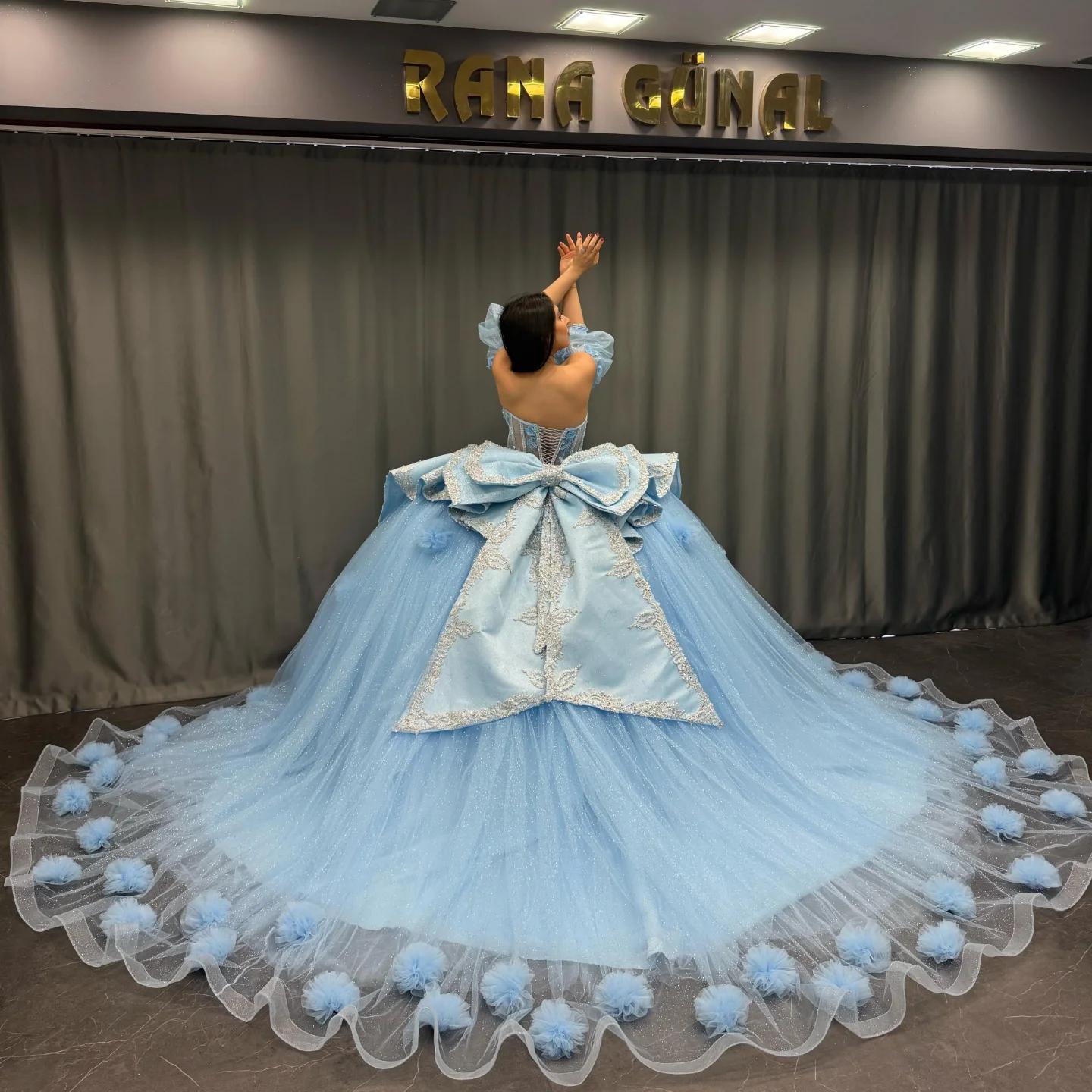 Ball Gown Sweetheart Neck Detachable Half Lantern Sleeves Beaded 3D Flower Appliques Big Bow Knot Back Glitter Sky Blue Tulle Quinceanera Dress Birthday Party Dress For Sweet 16