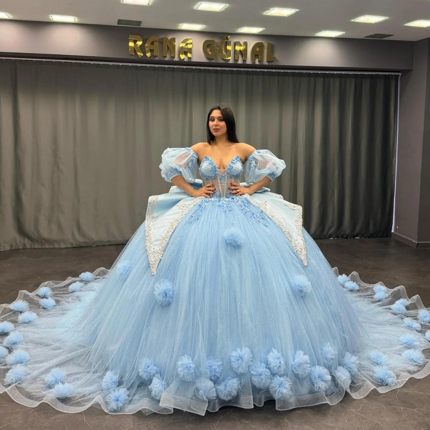 Ball Gown Sweetheart Neck Detachable Half Lantern Sleeves Beaded 3D Flower Appliques Big Bow Knot Back Glitter Sky Blue Tulle Quinceanera Dress Birthday Party Dress For Sweet 16