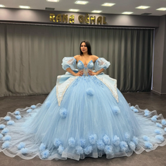 Ball Gown Sweetheart Neck Detachable Half Lantern Sleeves Beaded 3D Flower Appliques Big Bow Knot Back Glitter Sky Blue Tulle Quinceanera Dress Birthday Party Dress For Sweet 16