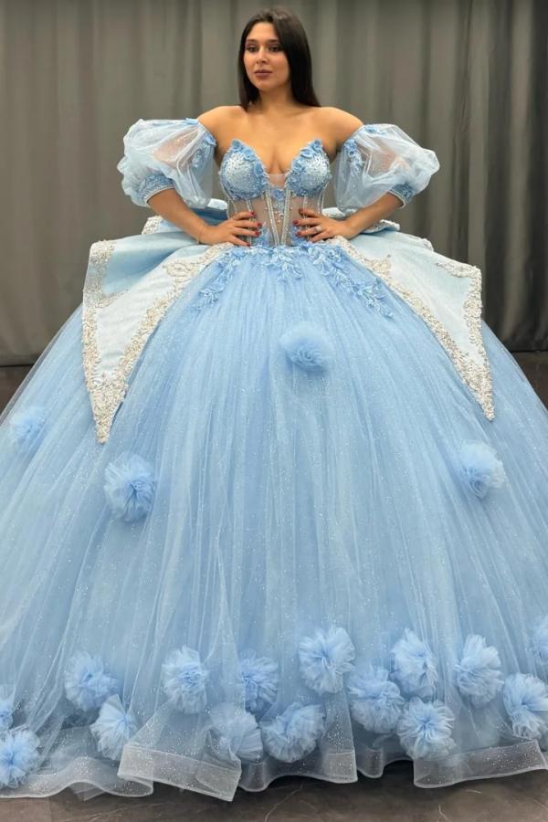 Ball Gown Sweetheart Neck Detachable Half Lantern Sleeves Beaded 3D Flower Appliques Big Bow Knot Back Glitter Sky Blue Tulle Quinceanera Dress Birthday Party Dress For Sweet 16