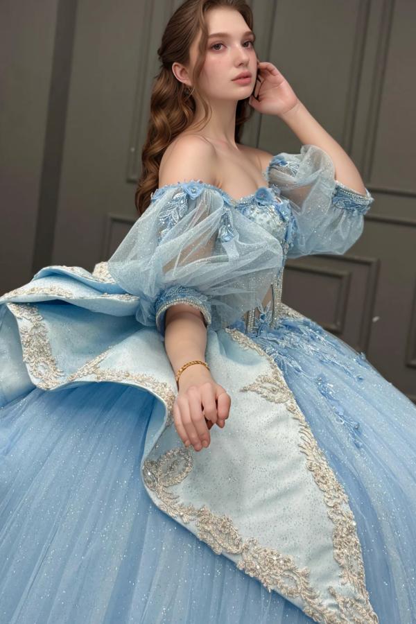 Ball Gown Sweetheart Neck Detachable Half Lantern Sleeves Beaded 3D Flower Appliques Big Bow Knot Back Glitter Sky Blue Tulle Quinceanera Dress Birthday Party Dress For Sweet 16