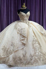 Ball Gown Sweetheart Neck Spaghetti Straps Lace Appliques Beaded Tiered Ruffles Champagne Tulle Quinceanera Dress Ball Gown For Sweet 16