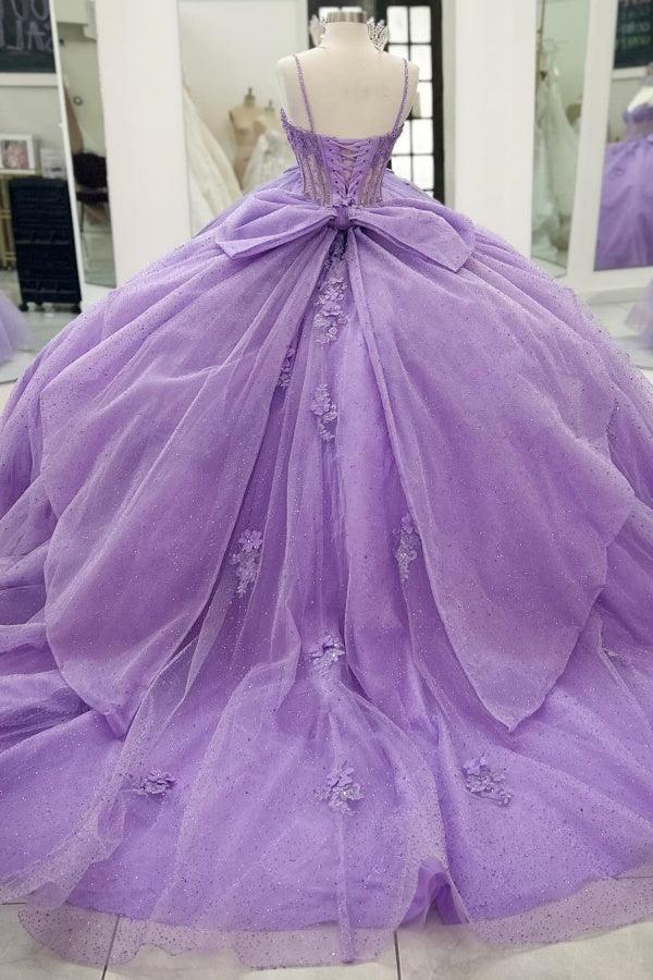 Ball Gown Sweetheart Neck Spaghetti Straps Sleeveless Beaded 3D Flower Appliques Pleated Bow Knot Sparkly Lilac Tulle Quinceanera Dress Princess Birthday Party Dress For Sweet 16