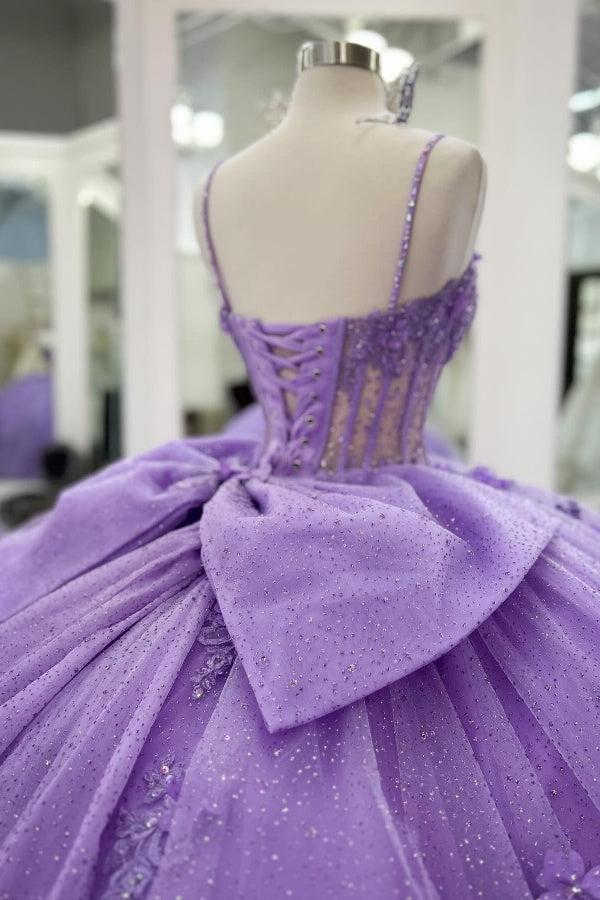 Ball Gown Sweetheart Neck Spaghetti Straps Sleeveless Beaded 3D Flower Appliques Pleated Bow Knot Sparkly Lilac Tulle Quinceanera Dress Princess Birthday Party Dress For Sweet 16