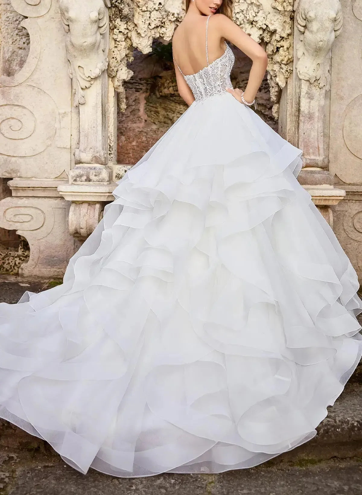 Ball Gown V Neck Sleeveless Chapel Train Satin Organza Wedding Dress with Appliques