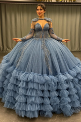 Ball Gown V Neck Sleeveless Detachable Sleeves & Shawl Beaded Sequins Appliques Ruffles Tiered Sparkly Blue Tulle Quinceanera Dress Birthday Party Dress For Sweet 16