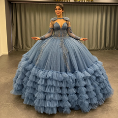 Ball Gown V Neck Sleeveless Detachable Sleeves & Shawl Beaded Sequins Appliques Ruffles Tiered Sparkly Blue Tulle Quinceanera Dress Birthday Party Dress For Sweet 16