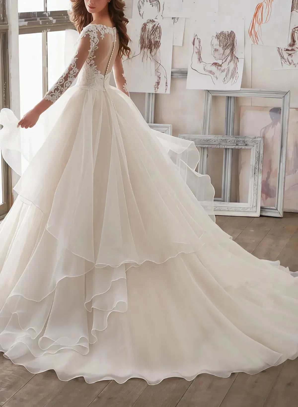 Ball Gown V Neck Three Quarter Sleeves Court Train Satin Organza Wedding Dress with Appliques