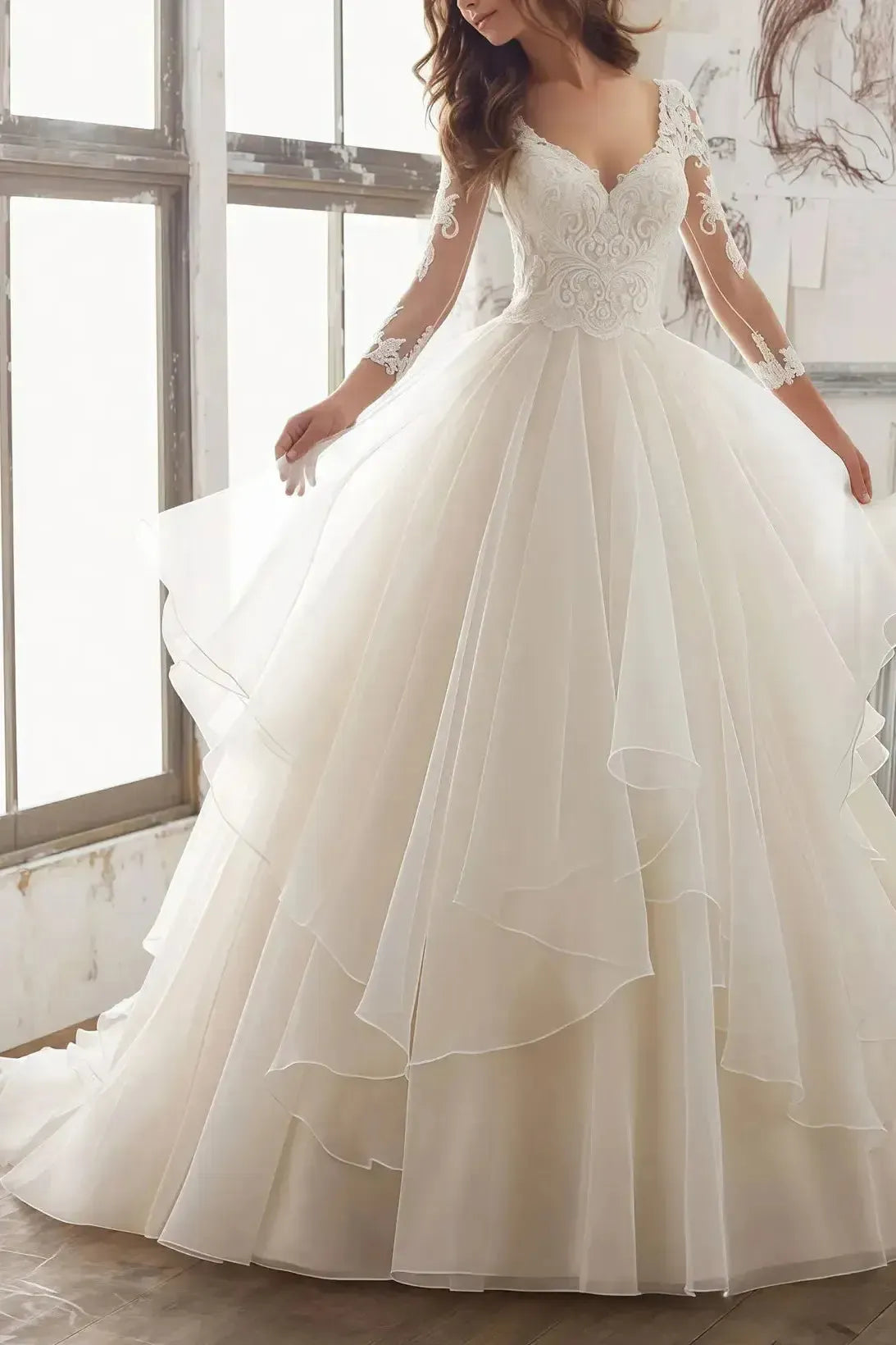 Ball Gown V Neck Three Quarter Sleeves Court Train Satin Organza Wedding Dress with Appliques