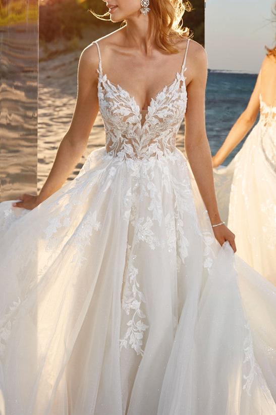 Ball-Gown V-neck Sleeveless Tulle Court Train Beach Wedding Dress With Lace Appliques