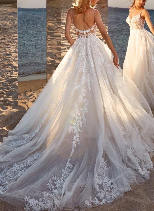 Ball-Gown V-neck Sleeveless Tulle Court Train Beach Wedding Dress With Lace Appliques
